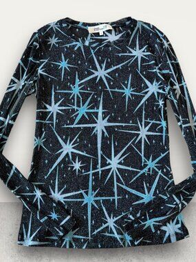 DIANE VON FURSTENBERG DVF Black Blue Shimmer Metallic Long Sleeve Top Size Mediu
